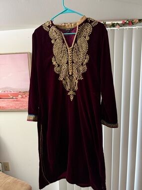 Lakshita Indian Burgundy Kaftan Kurta Tunic Embroidered Velvet Trim Ethnic Large